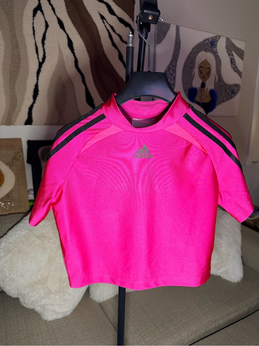 adidas Hot Pink Crop Top with Black Shoulder Stripes